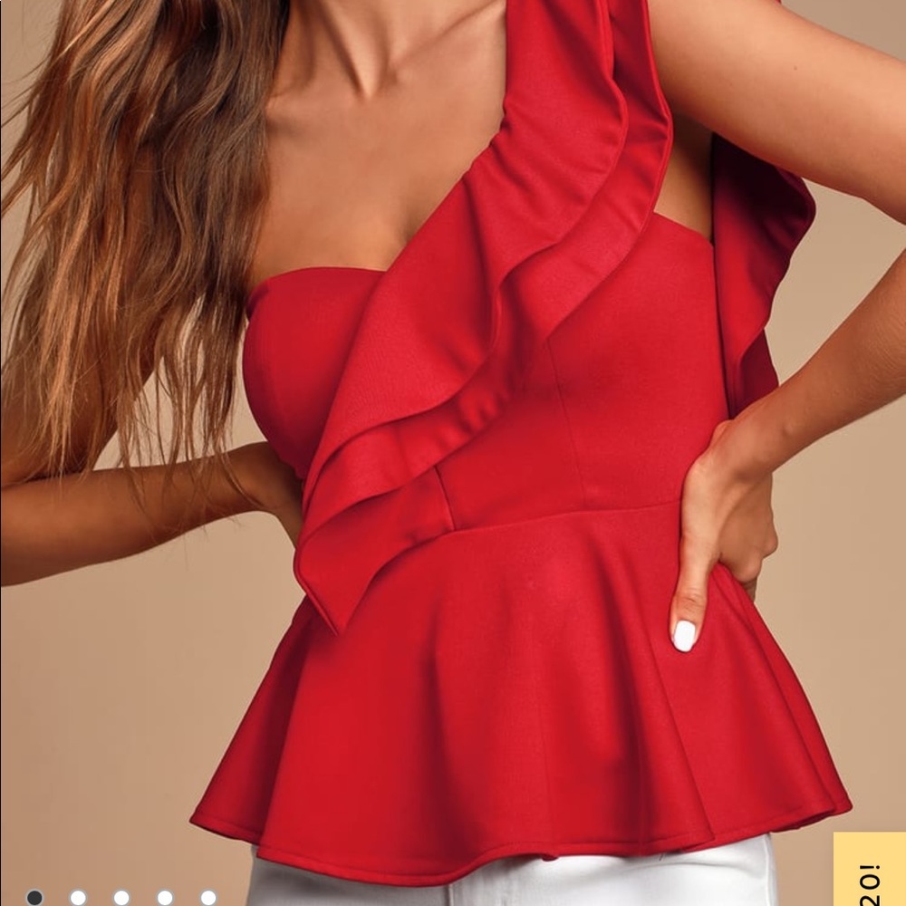 Lulu’s “Gas Up Red One-Shoulder Ruffled
Peplum Top”